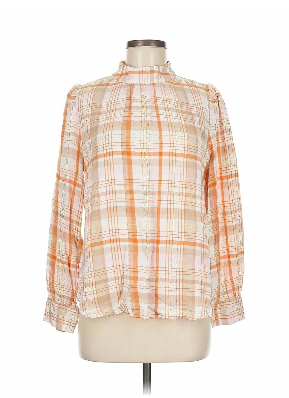 LOFT Outlet Plaid Mock Neck Blouse Size M Orange Metallic